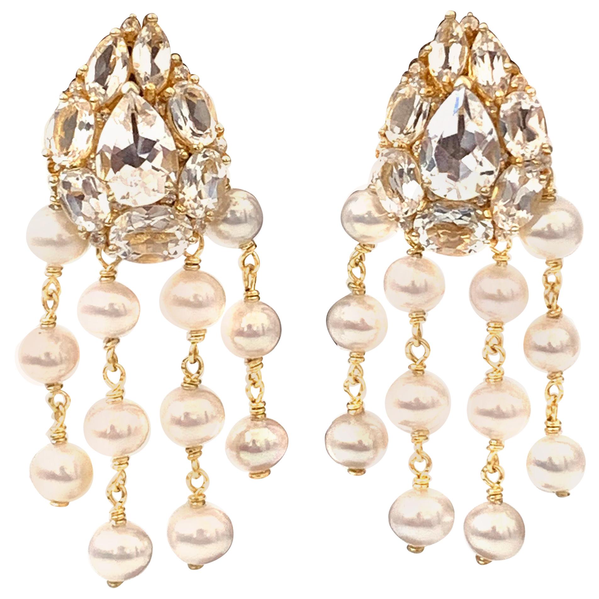 Bijoux Num Clustered White Topaz and Pearl Dangle Earrings
