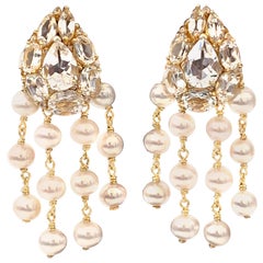 Bijoux Num Clustered White Topaz and Pearl Dangle Earrings