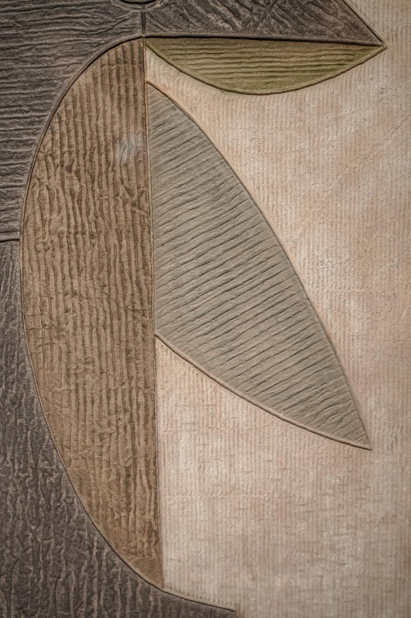 Guided by Starlight is a mixed-media print created by Bik Chuen Ha in 1993. Using a geometric and abstract visual language, Ha constructs a composition where black and gray-green shapes intertwine to form a figure resembling a human or bird,