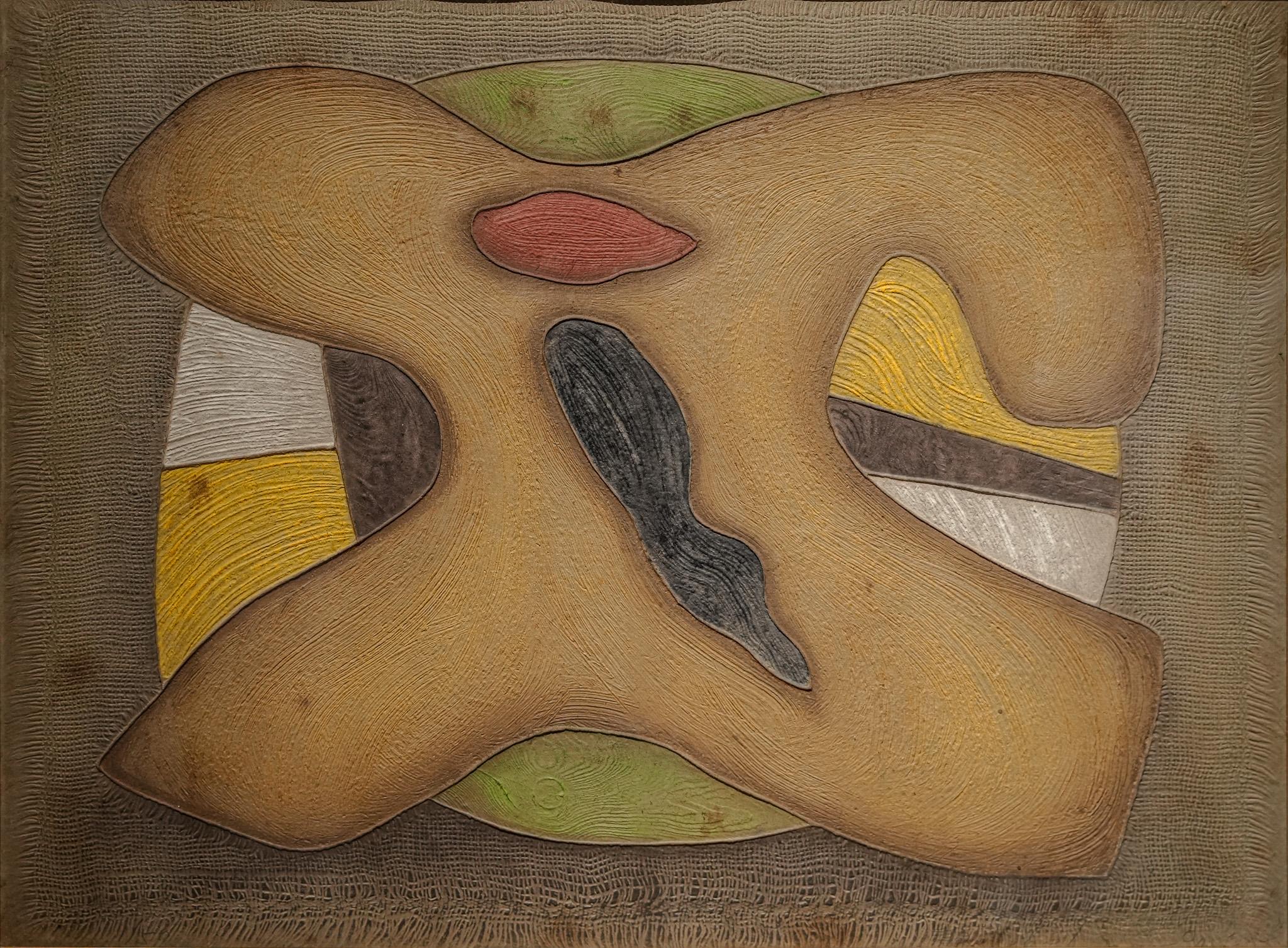 Wheat Field B is a mixed-media print created by Bik Chuen Ha in 1994. Through an abstract composition, Ha reinterprets the essence of nature and the rural landscape. At the center, a mass of earthy brown forms the core structure, its textured
