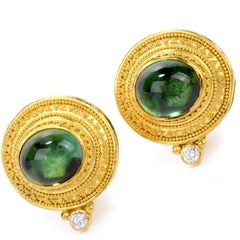 Bikakis & Johns Diamond Peridot 18K Gold Etruscan Omega Back Cabochon Earrings