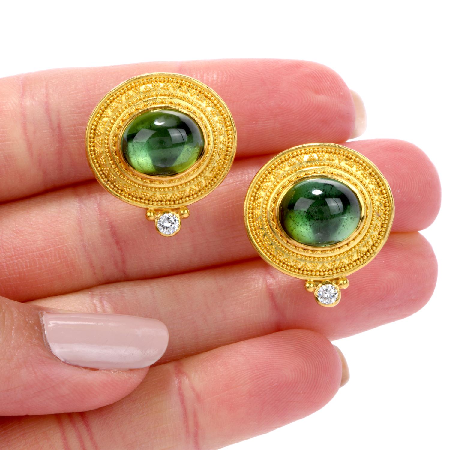 Bikakis & Johns Diamond Peridot 18K Gold Etruscan Omega Back Cabochon Earrings In Excellent Condition In Miami, FL