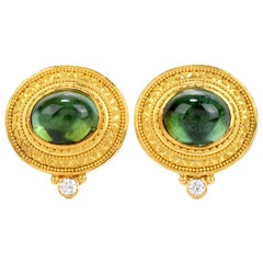 Vintage Bikakis & Johns Diamond Peridot 18K Gold Etruscan Omega Back Cabochon Earrings