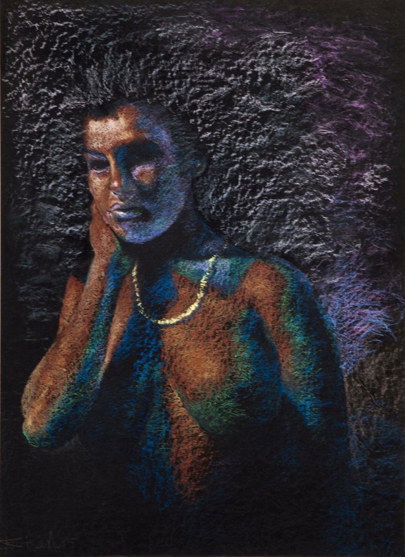 Enchanting Indian Woman, Nude, Pastel Drawing, Black, Purple "In Stock" - Art by Bikash Bhattacharjee