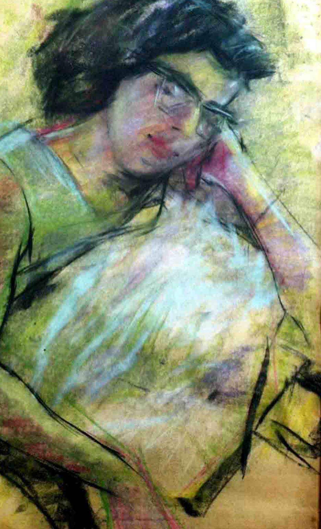 Sleeping Women, Dry Pastel on paper, Painting, Green, Black, Red 