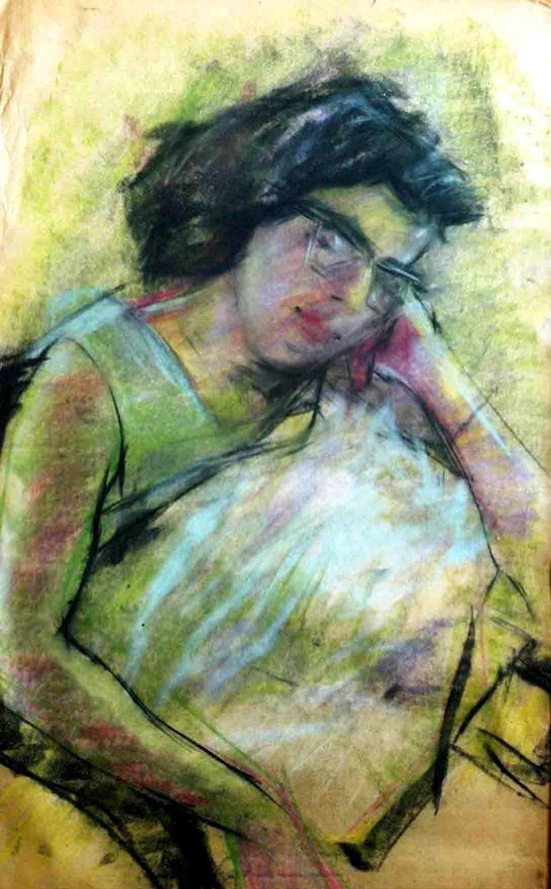 Bikash Bhattacharjee Figurative Painting - Sleeping Women, Dry Pastel on paper, Painting, Green, Black, Red "In Stock"