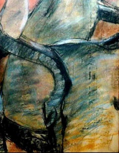 Women sitting in a Chair, Pastel on paper, Painting,  Blue, Red, Brown"In Stock"