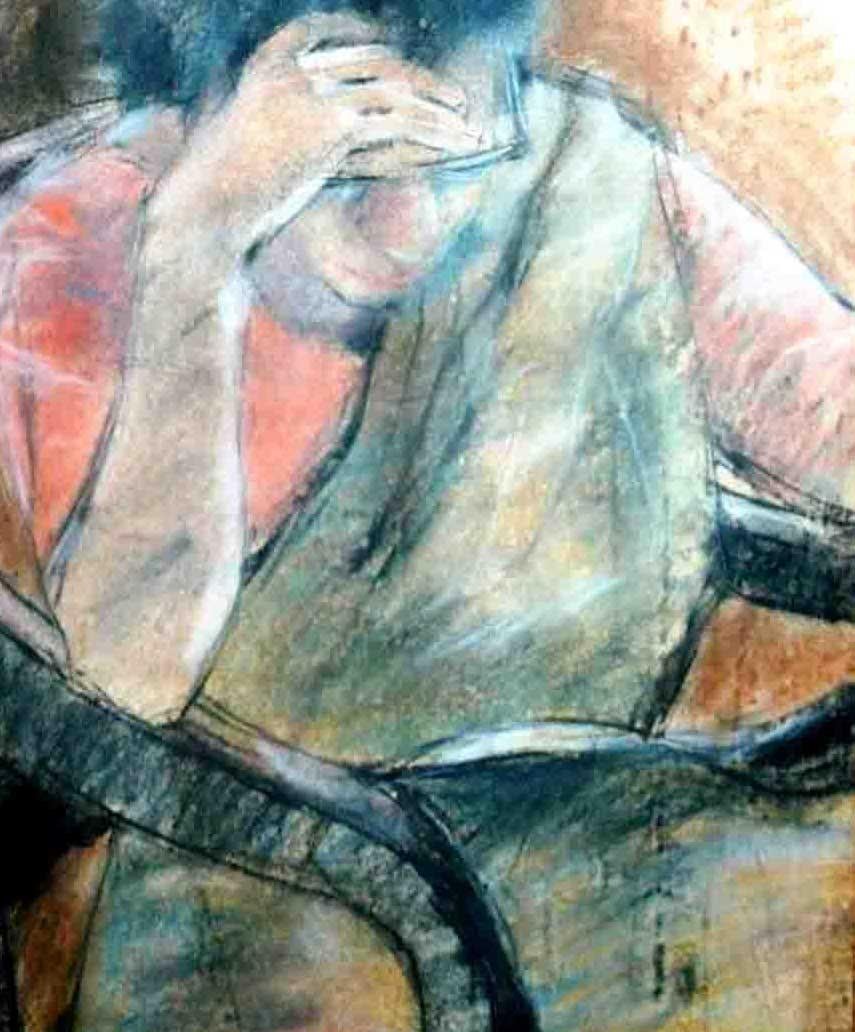 Women sitting in a Chair, Pastel on paper, Painting,  Blue, Red, Brown