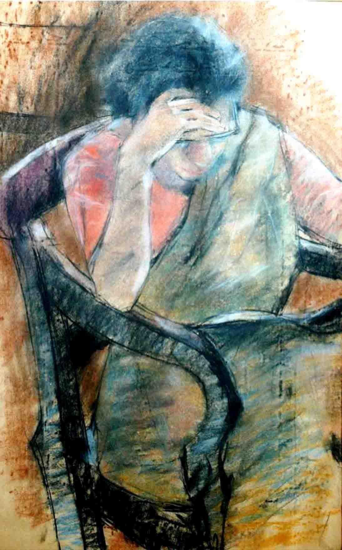 Bikash Bhattacharjee Figurative Painting - Women sitting in a Chair, Pastel on paper, Painting,  Blue, Red, Brown"In Stock"