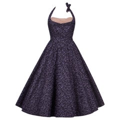 Biki Milano: Lila-schwarzes Seiden-Halterkleid mit weitem Rock aus den späten 1940er Jahren