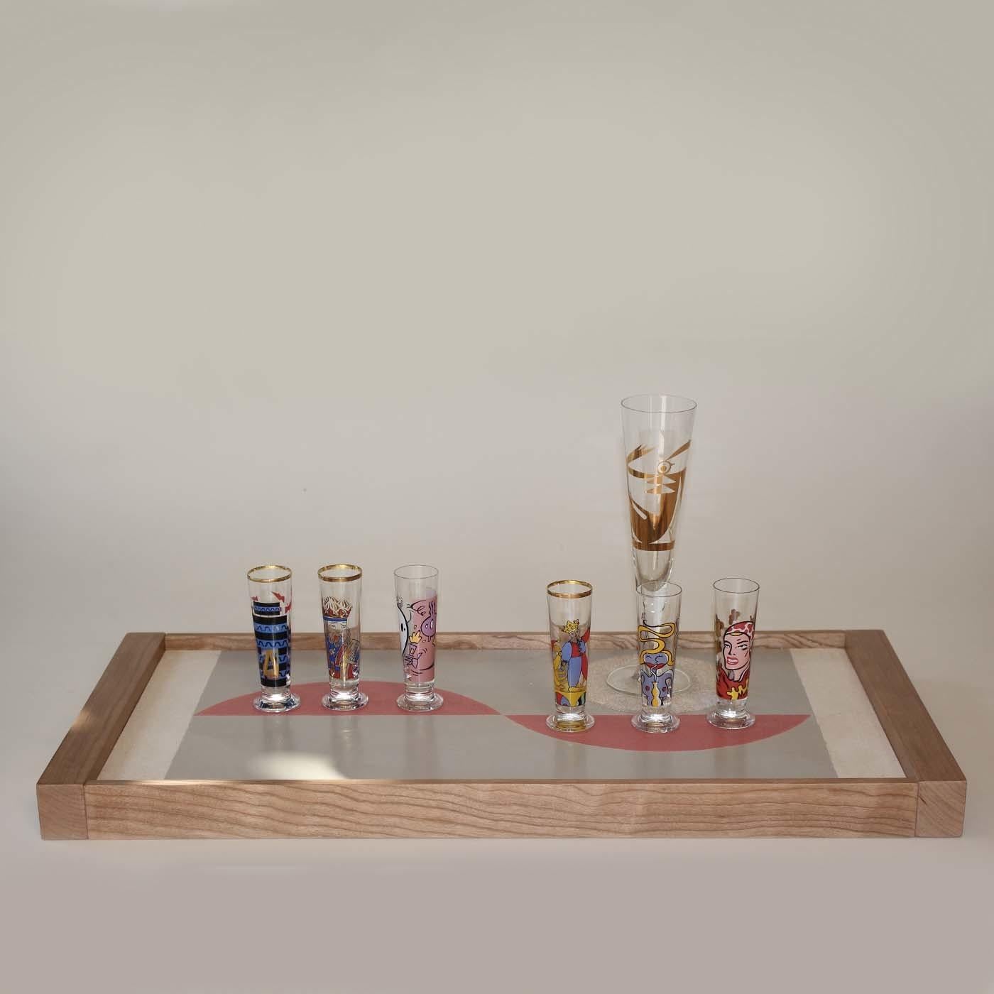 Featuring an abstract design reminiscent of Japanese classic patterns, this hand-painted, rectangular tray handcrafted of cherry will be an elegant piece of functional decor on a dining table and can also be displayed on a shelf as a purely