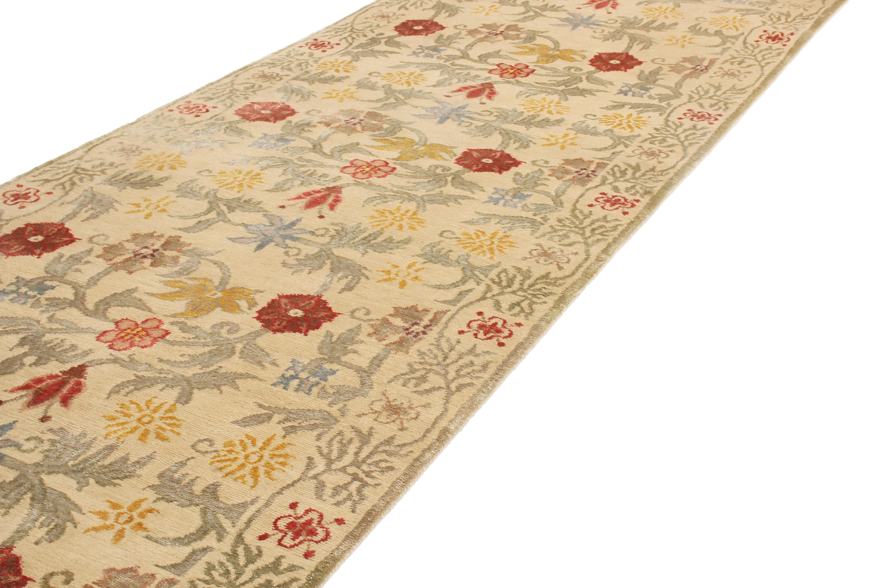 Hand-knotted in Nepal, this floral runner features a Bilbao floral design, hand-knotted in a lustrous combination of wool and silk. Named for the Spanish city fathering its ancestral patterns, the repetition of the all-over rose, tulip, and palmette