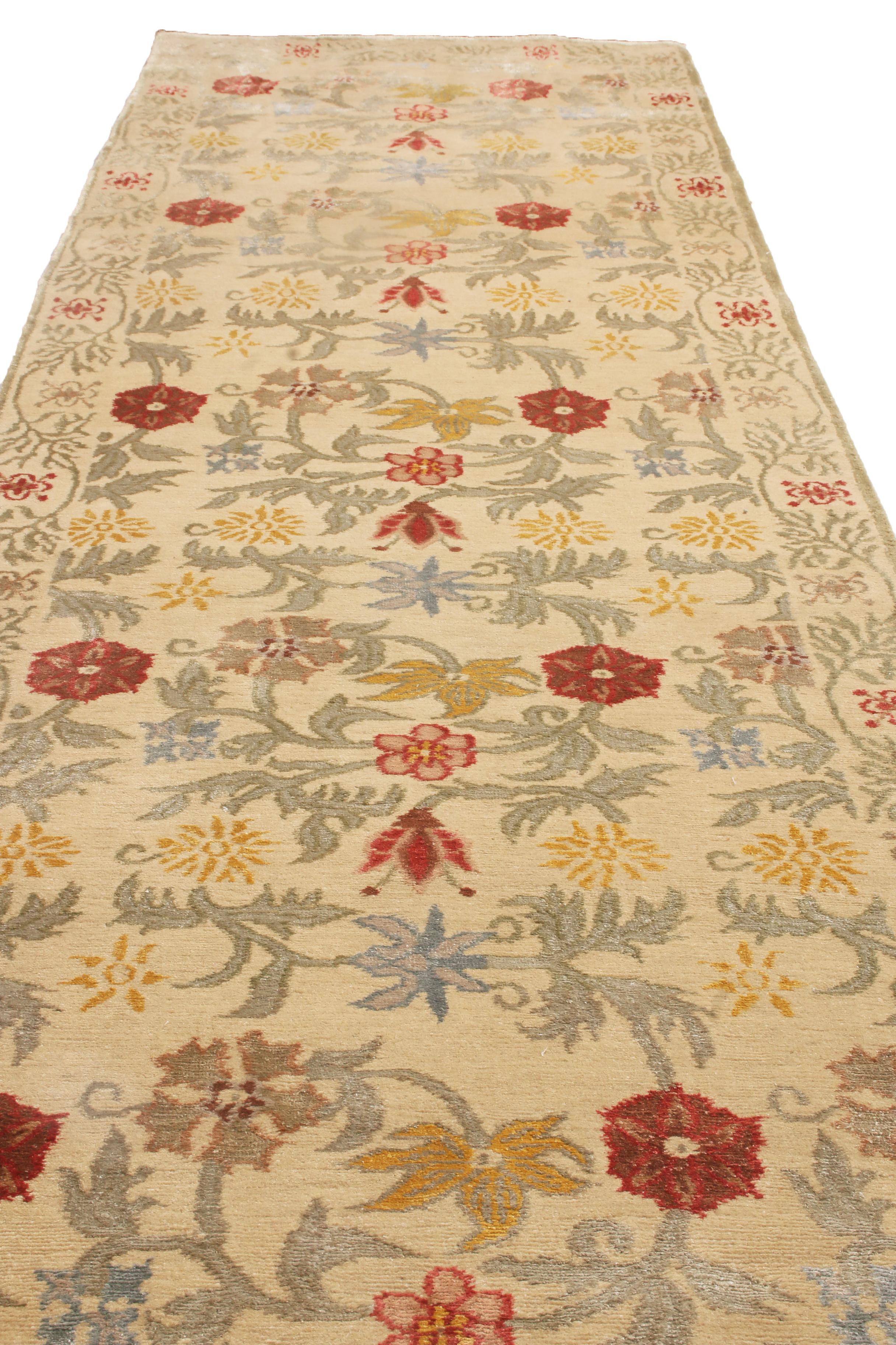 Nepalese Rug & Kilim's Bilbao Spanish Design Beige and Multicolor Floral Wool-Silk Runner For Sale