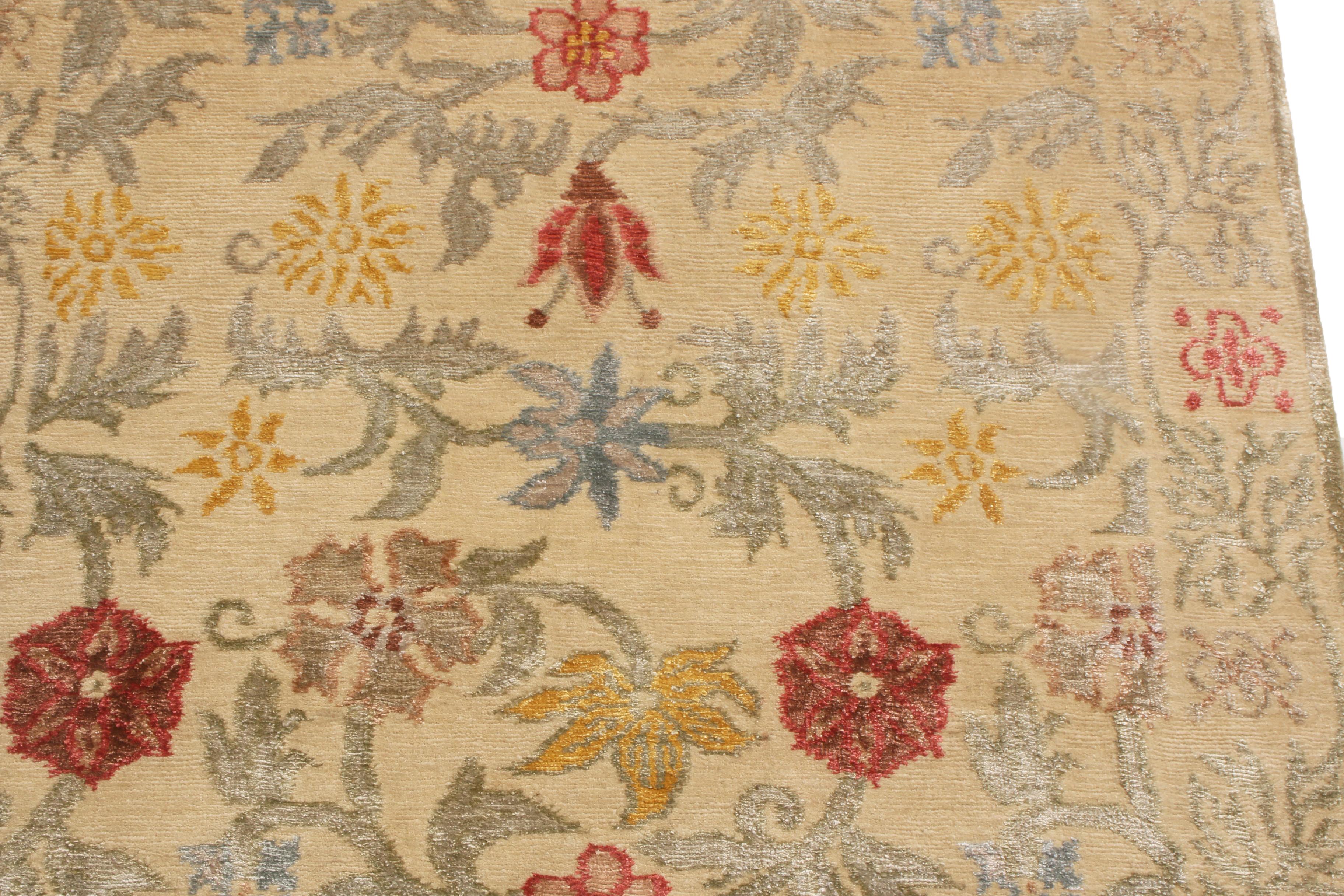 Hand-Knotted Rug & Kilim's Bilbao Spanish Design Beige and Multicolor Floral Wool-Silk Runner For Sale