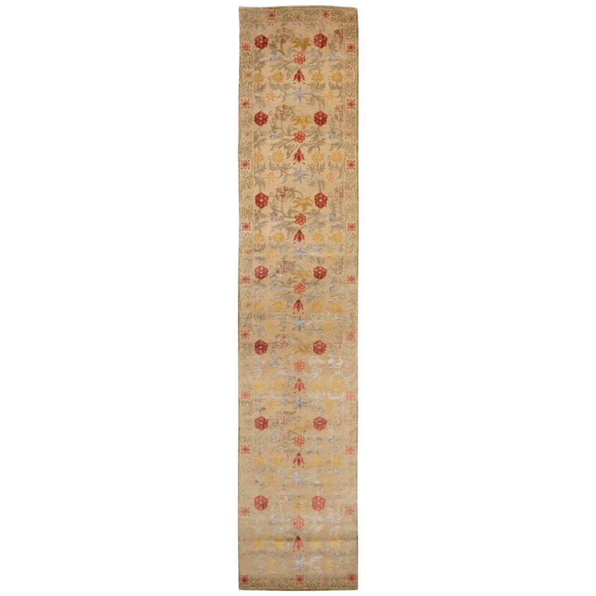 Rug & Kilim's Bilbao Spanish Design Beige and Multicolor Floral Wool-Silk Runner For Sale