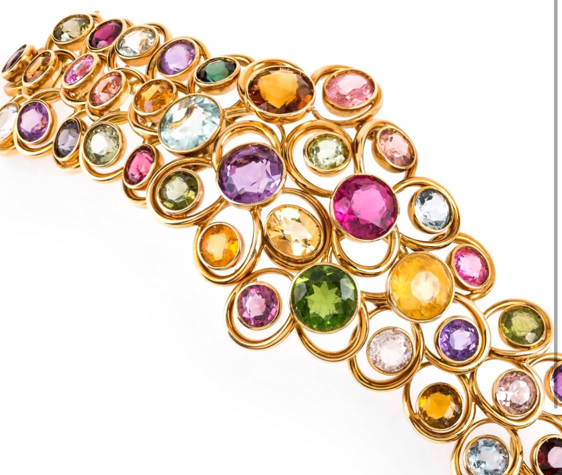 Art Deco Bilbault Destabeau Cheerful Precious Stone 18 Karat Gold Bracelets For Sale