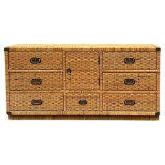 Bilecky Inspired Wicker & Brass Campaign Style Chest / Credenza / Dresser