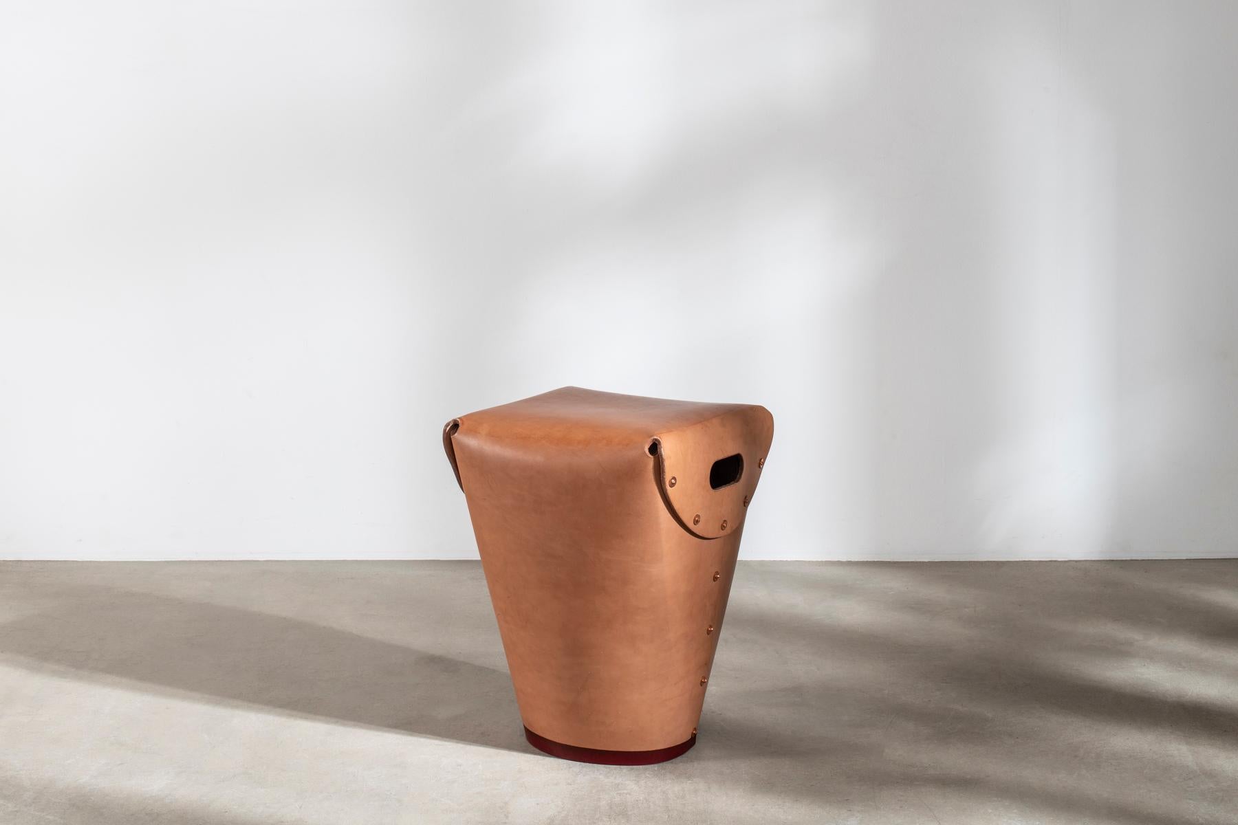 A product of their experiments into leather’s capacities for weight-bearing and structural support, the Rivet Stool by Bill Amberg is created from a single piece of wonderfully thick shoe sole leather. With no internal structure, it takes the