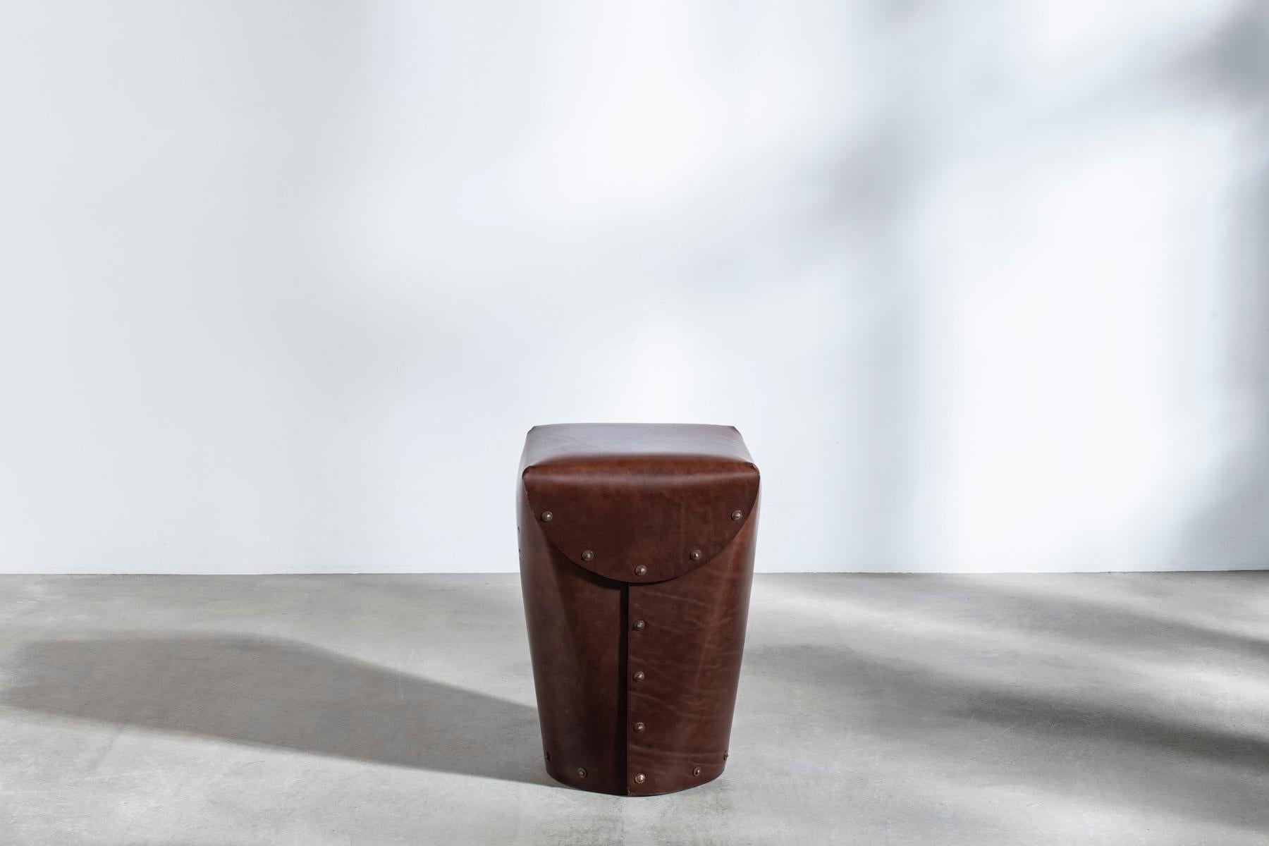 Modern Rivet Stool II by Bill Amberg, bridle leather stool with hand-set copper rivets For Sale