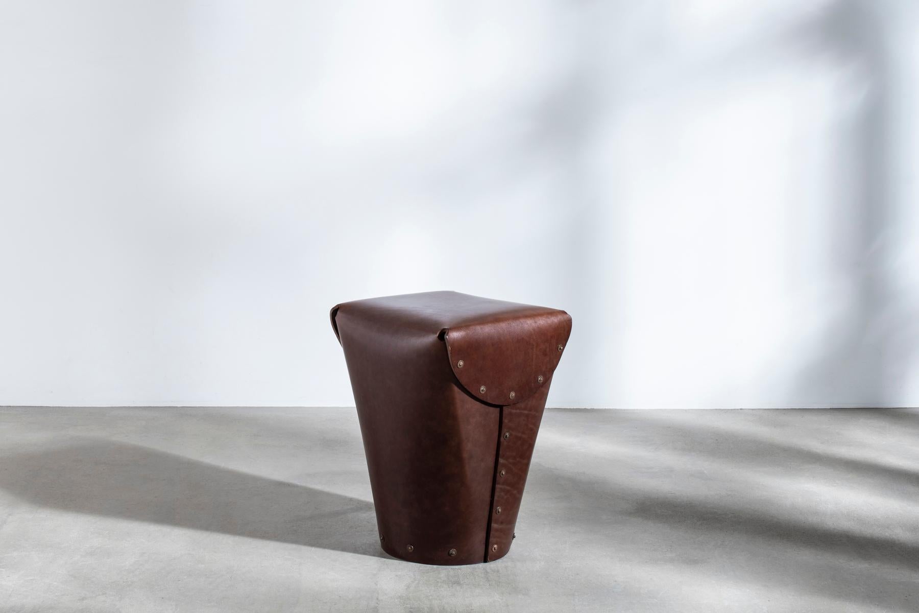 Hand-Crafted Rivet Stool II by Bill Amberg, bridle leather stool with hand-set copper rivets For Sale