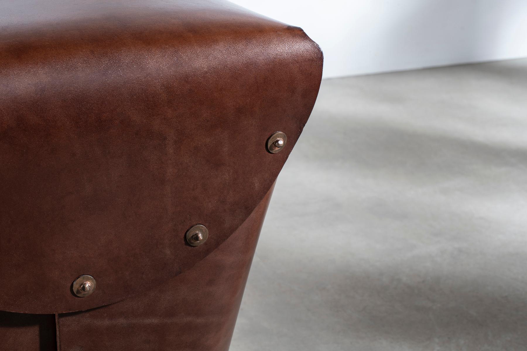 Contemporary Rivet Stool II by Bill Amberg, bridle leather stool with hand-set copper rivets For Sale