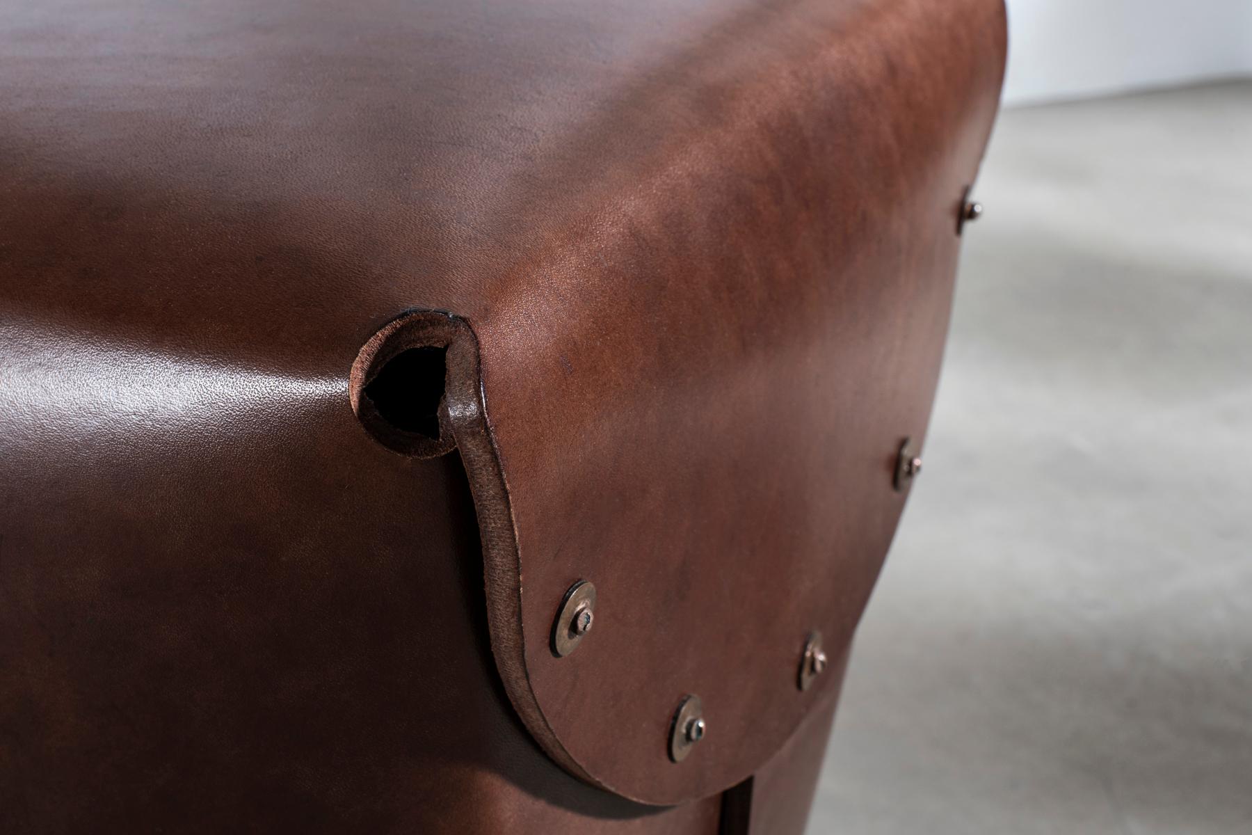 Copper Rivet Stool II by Bill Amberg, bridle leather stool with hand-set copper rivets For Sale