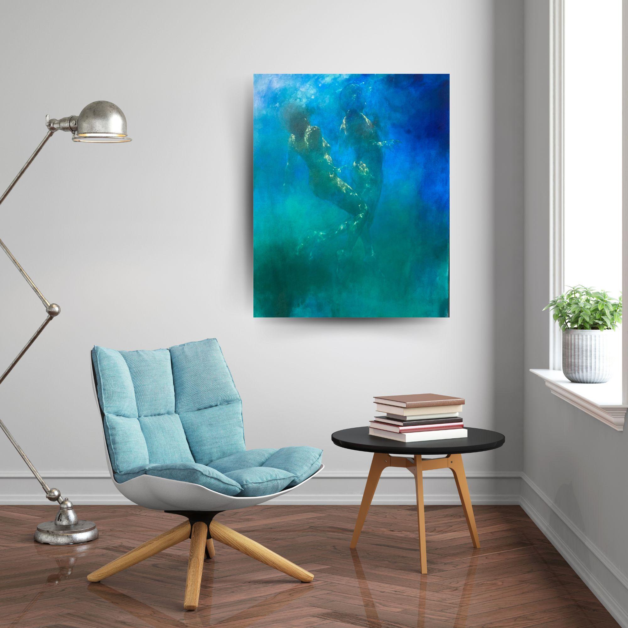 Aqua Serenity - abstract representation of the human form - underwater painting - Blue Abstract Painting by Bill Bate