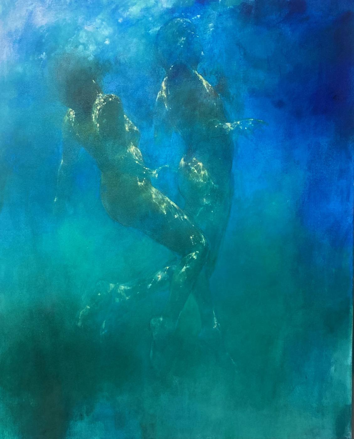 Bill Bate Landscape Painting - Aqua Serenity - abstract representation of the human form - underwater painting