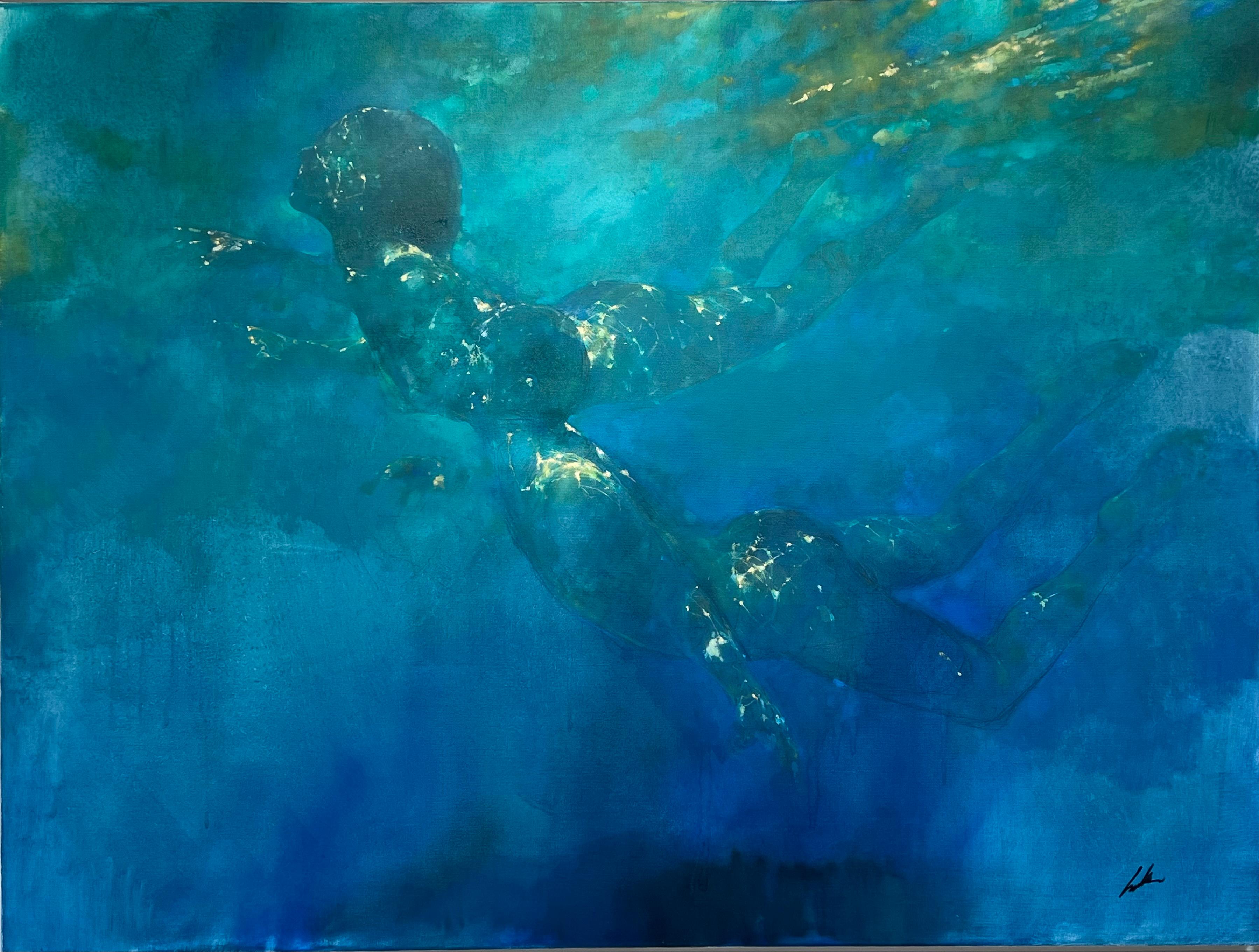 Emerald World - modern art, abstract human figurative expression painting - Painting by Bill Bate