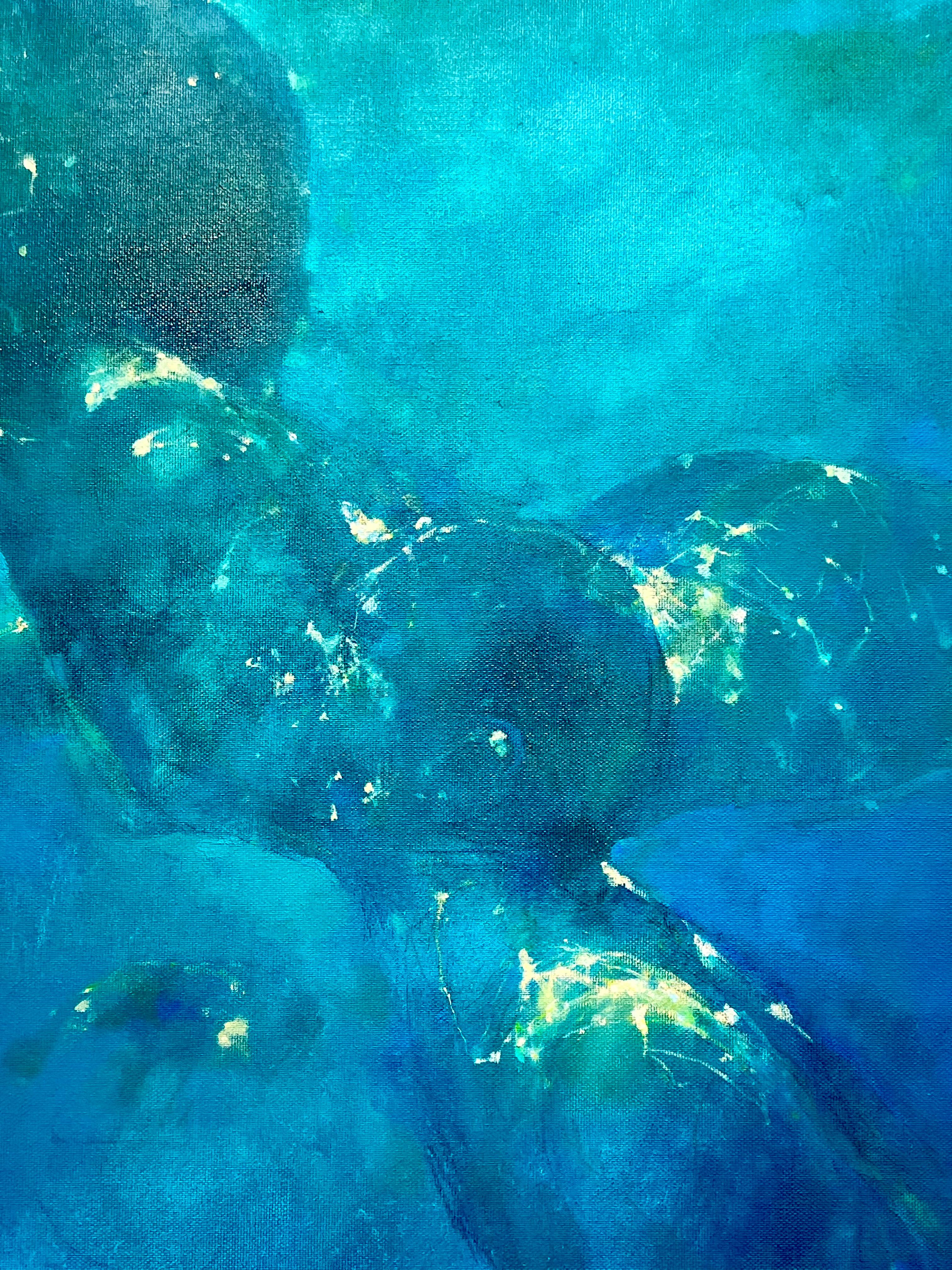 Emerald World - modern art, abstract human figurative expression painting - Blue Landscape Painting by Bill Bate