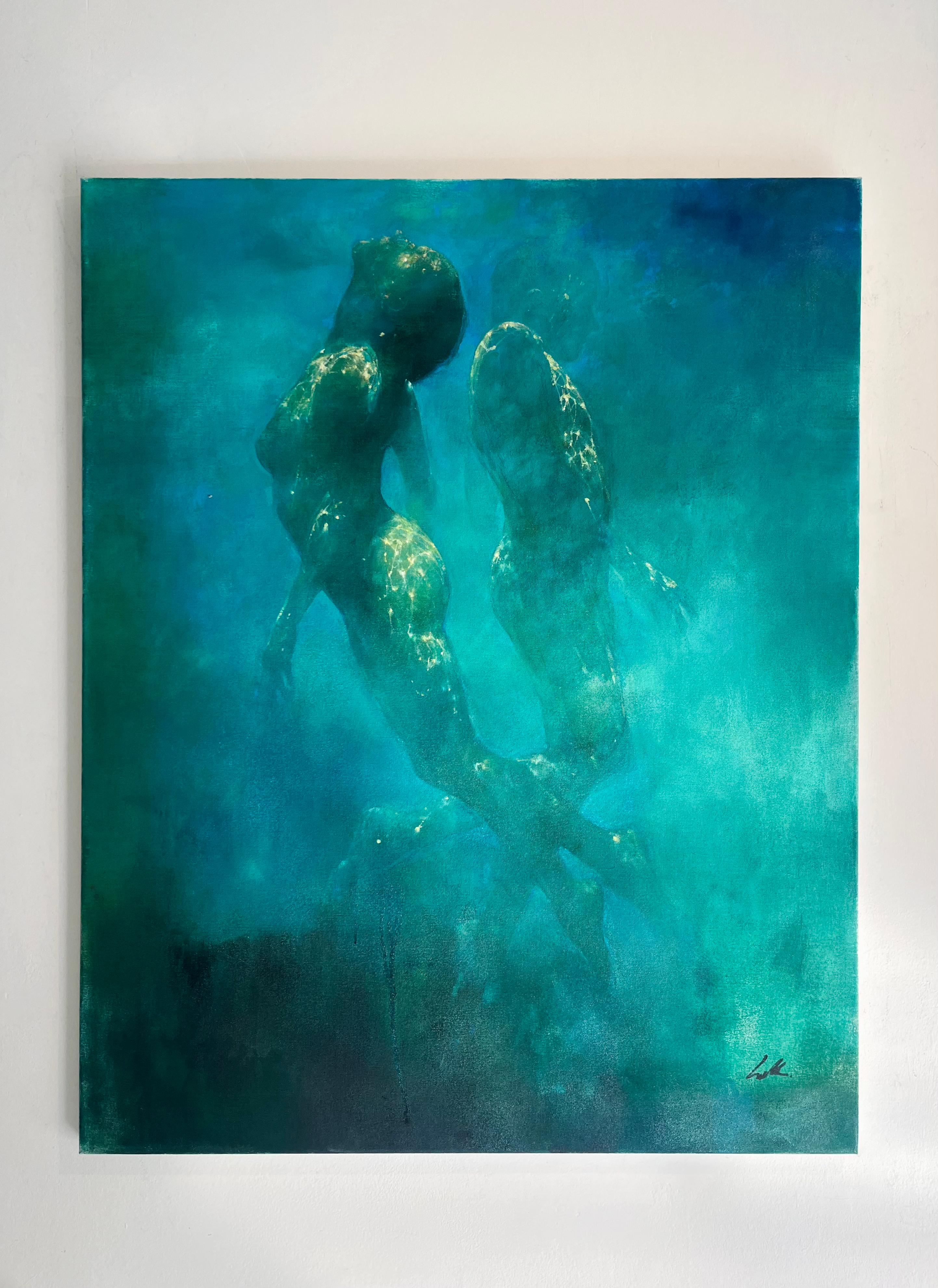  Ocean Whispers - abstract art underwater nude human figurative painting - Painting by Bill Bate