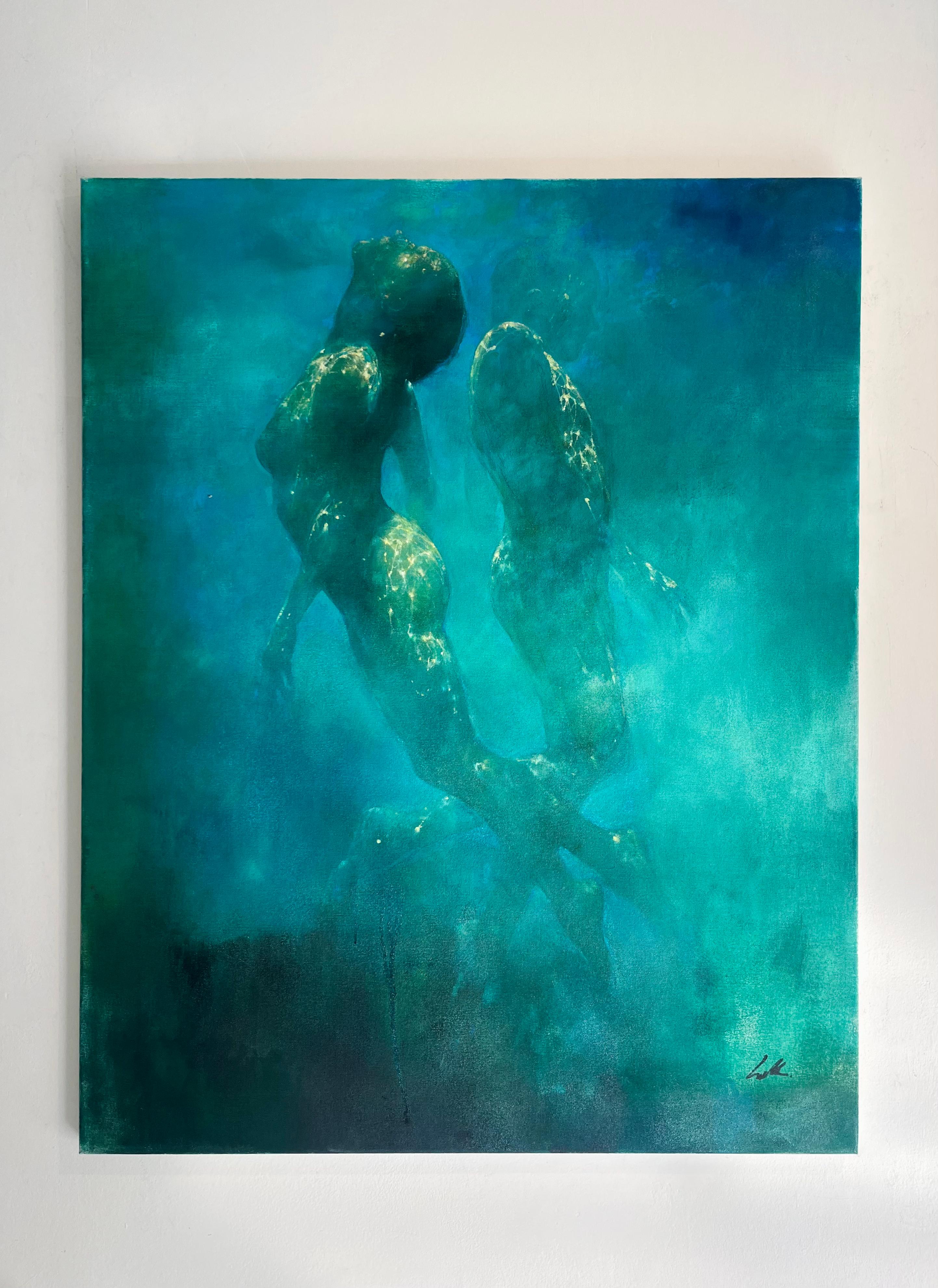 Ocean Whispers - arte astratta pittura figurativa subacquea di nudo umano - Painting di Bill Bate