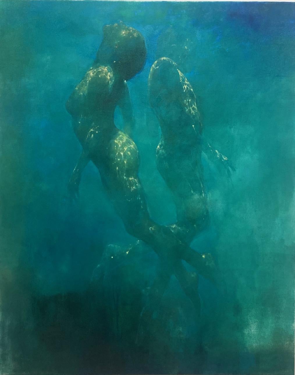 Ozean Whispers - abstrakte Kunst unter Wasser Akt menschliche figurative Malerei – Painting von Bill Bate