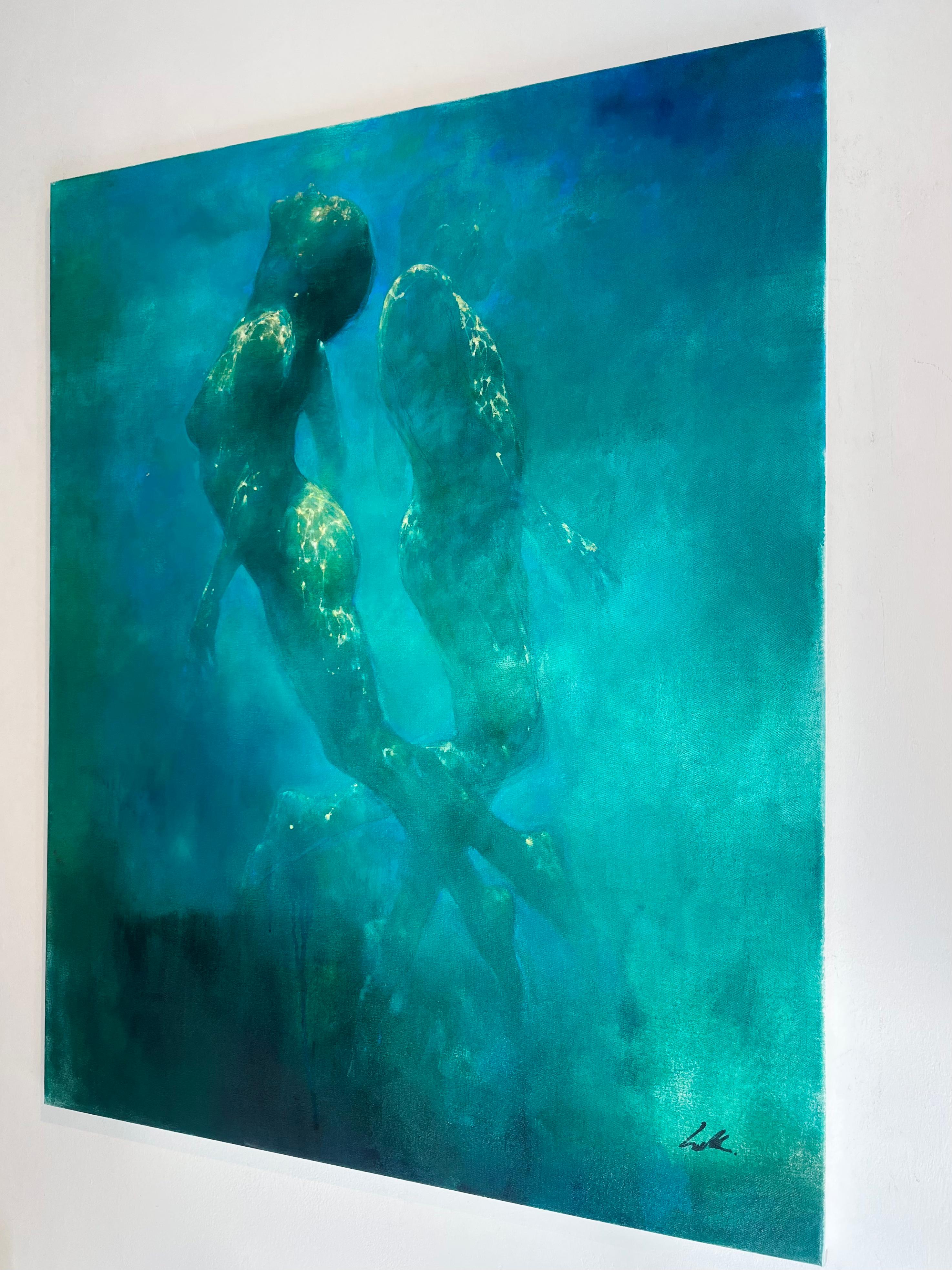 Ocean Whispers - arte astratta pittura figurativa subacquea di nudo umano - Painting Espressionismo astratto di Bill Bate