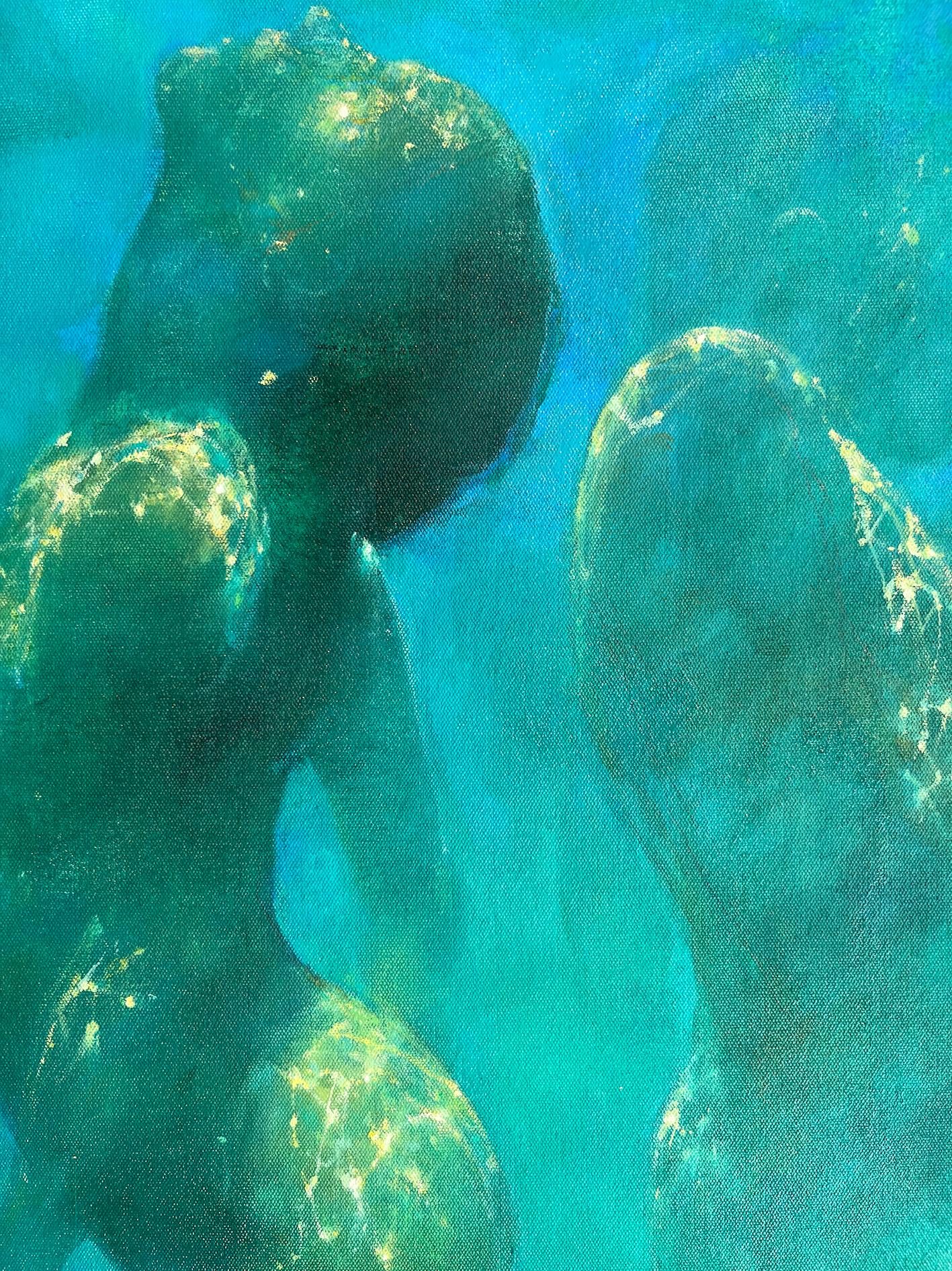 Ocean Whispers - arte astratta pittura figurativa subacquea di nudo umano - Landscape Painting Blu di Bill Bate