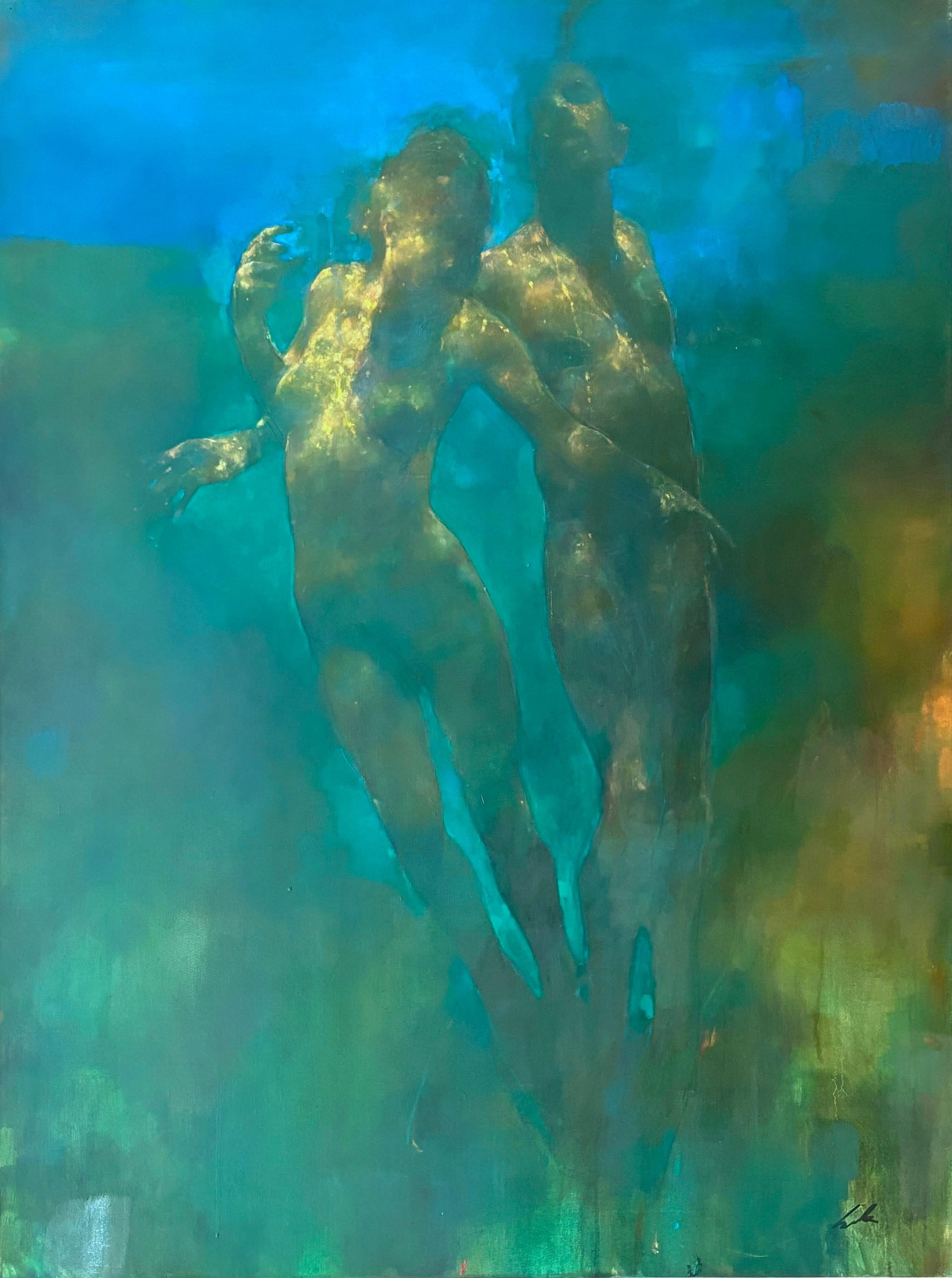 Schwerelos in der Tiefe – Originaler abstrakter Expressionismus – figurative Ölmalerei