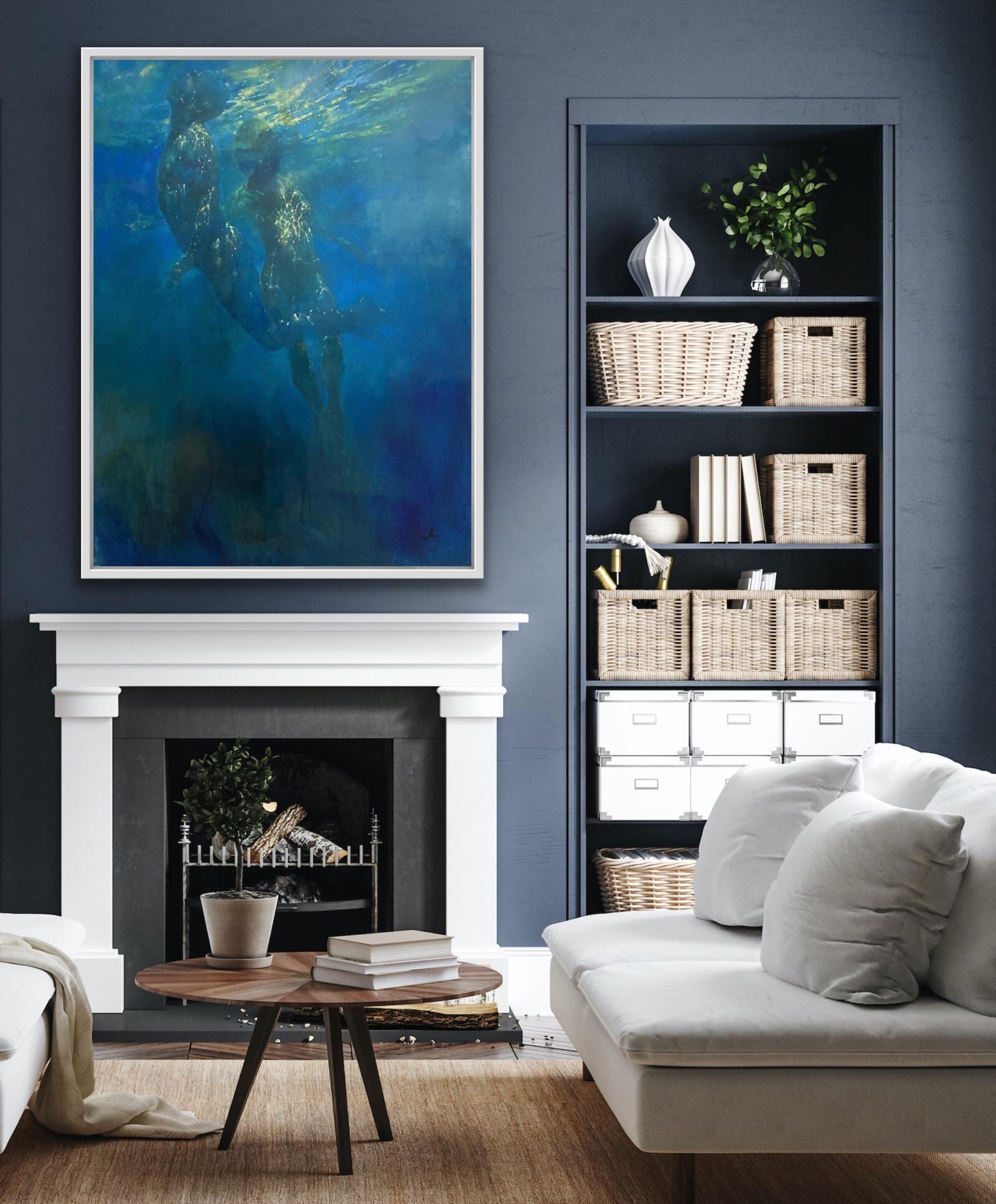 Luz oceánica, Pintura figurativa original, Arte atmosférico, Pintura submarina en venta 3