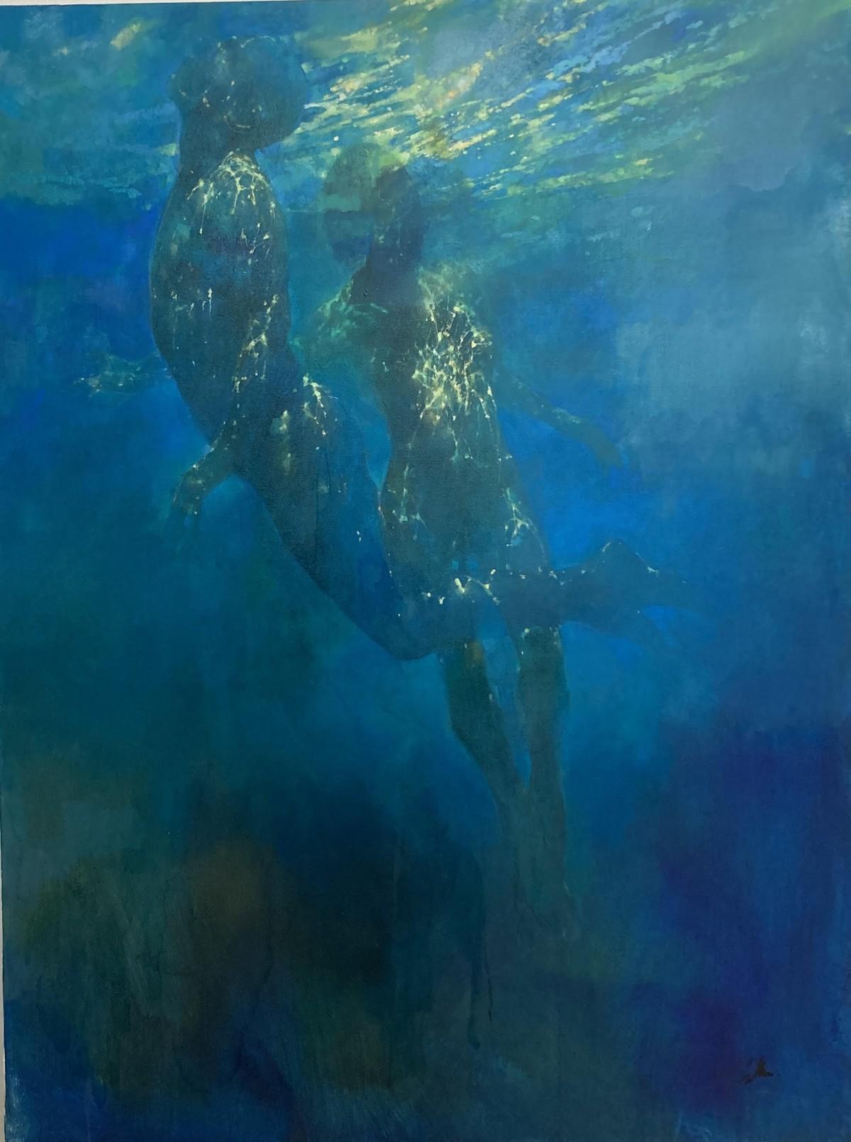 Ocean Light is an original figurative painting by artist Bill Bate. It features two figures underwater in this atmospheric composition and colour palette. Bill Bate was interested in the power and creative force of the sun and has tried to capture