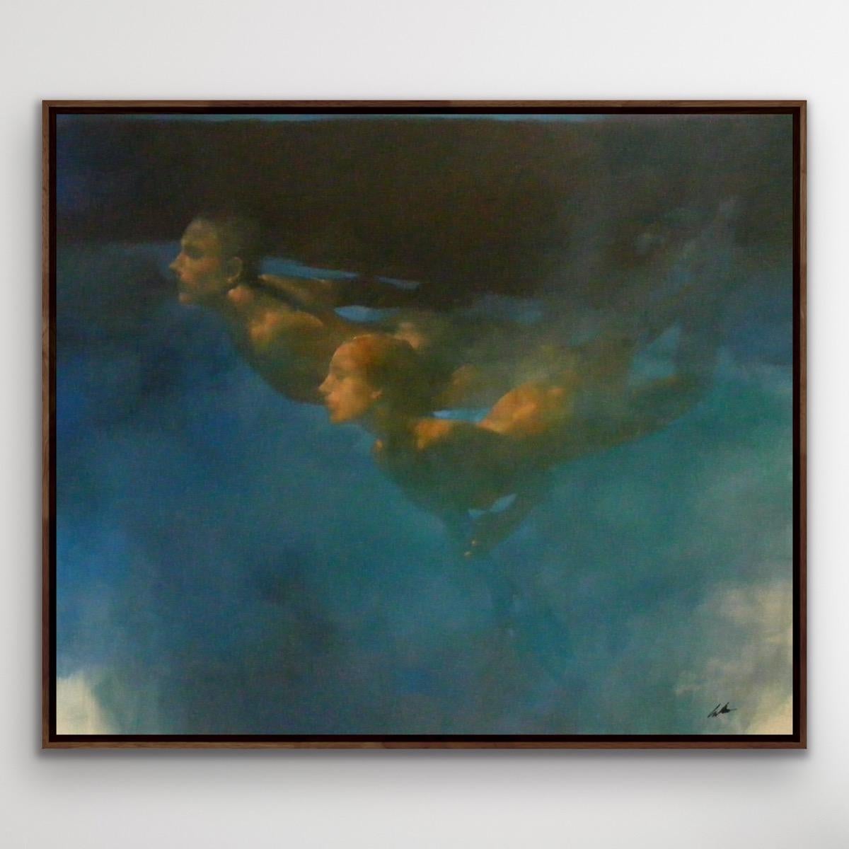 Bill Bate.
Blue Beyond- the figures are loosely based on underwater swimmers. I am fascinated by bodies emerging from their surroundings, using the effects of light and warm colours in contrast to dark and cool colours around them.

Size: H:100 cm x