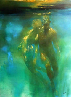 Luminescence - peinture figurative bleue et verte sous-marine à l'huile sur toile