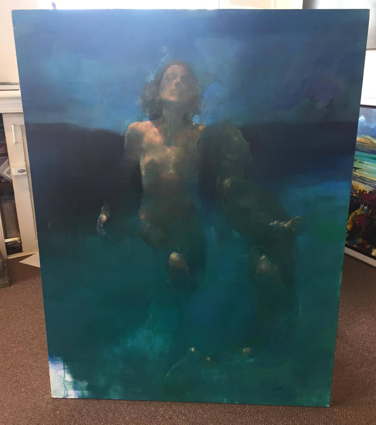 Morphosis II underwater painting , blue painting , sea painting, people painting - Painting by Bill Bate