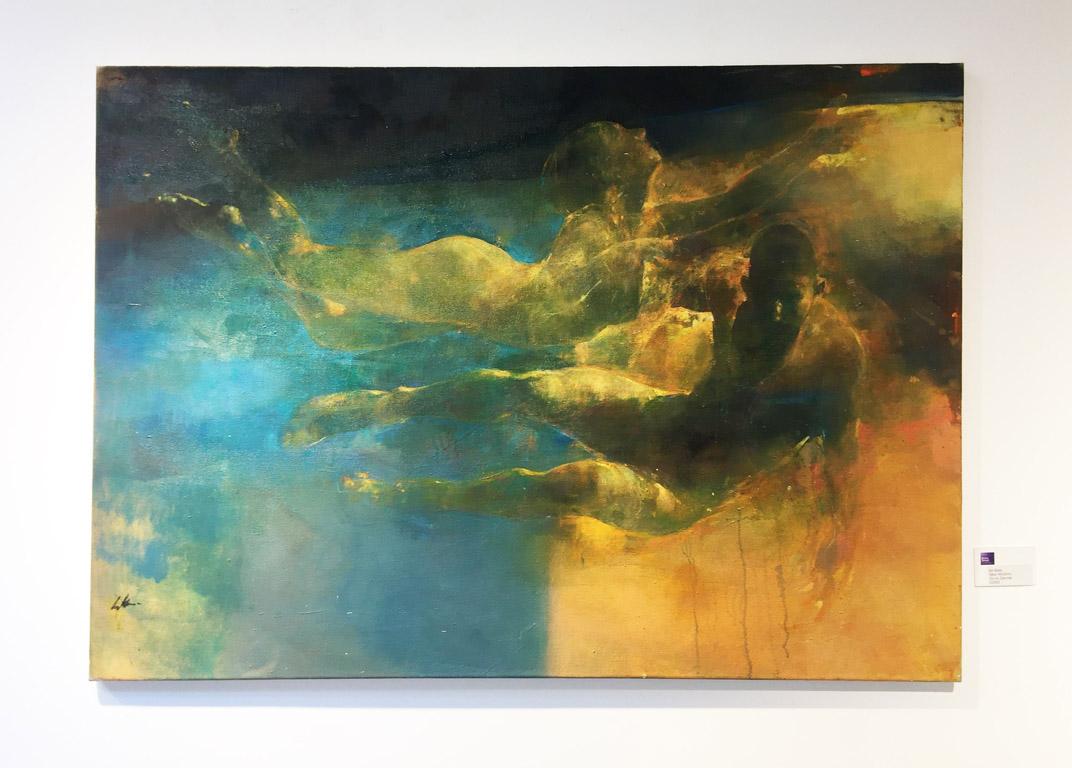 New Horizons - blue and yellow underwater figurative painting oil on canvas - Painting by Bill Bate