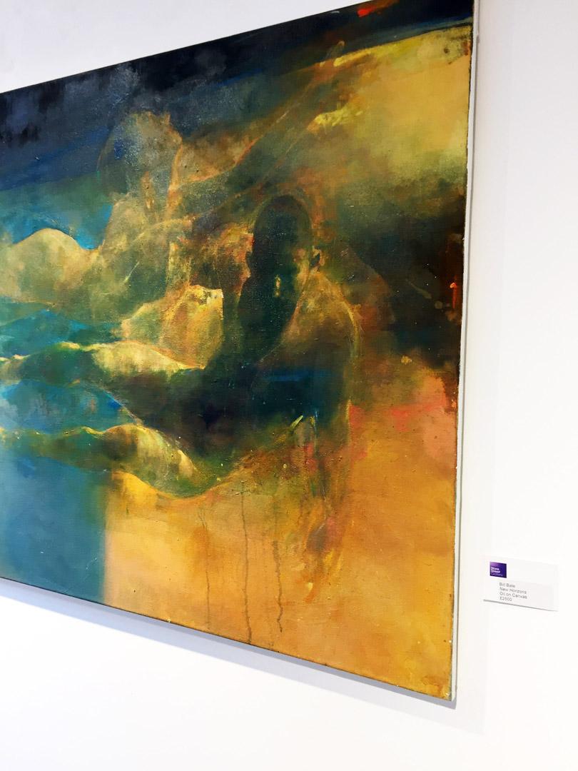 New Horizons - blue and yellow underwater figurative painting oil on canvas - Contemporary Painting by Bill Bate