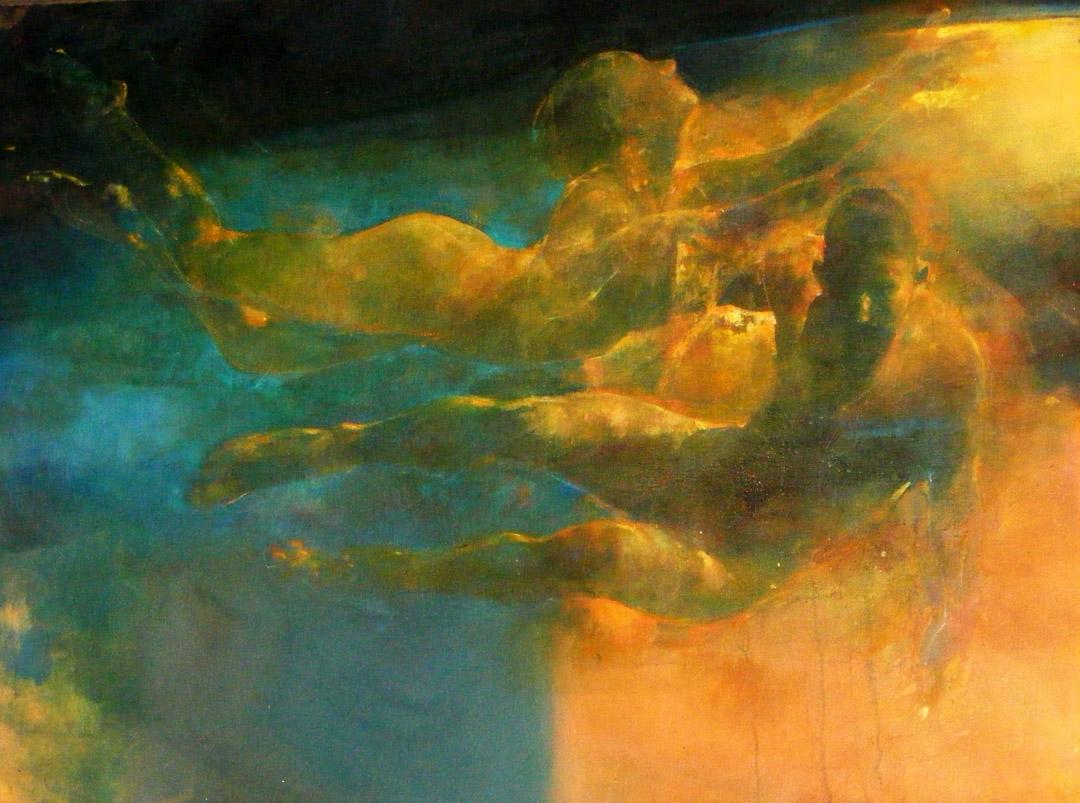 Bill Bate Nude Painting - New Horizons - blue and yellow underwater figurative painting oil on canvas