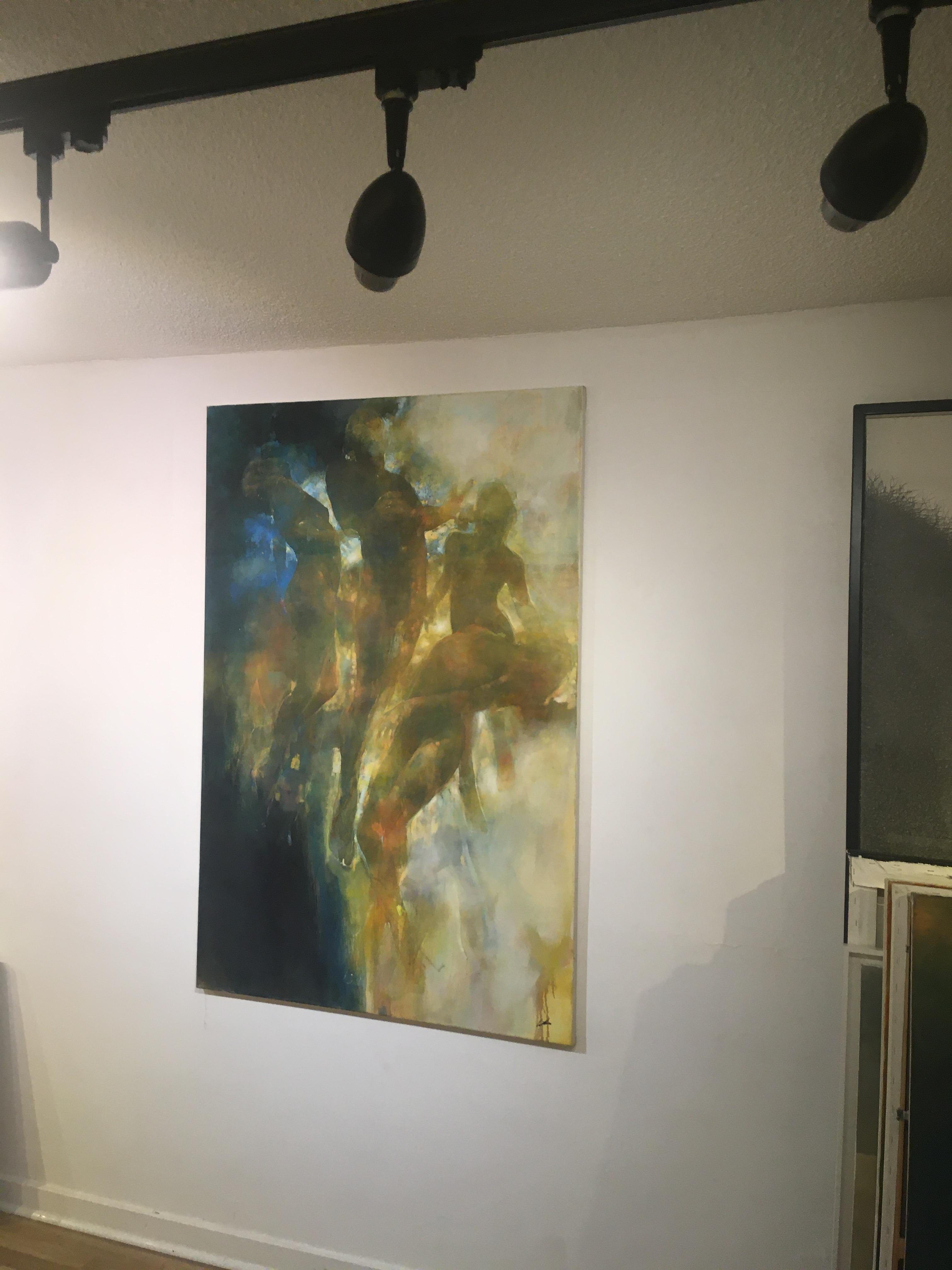 Radiance - contemporary underwater figures movement oil painting unframed - Brown Figurative Painting by Bill Bate