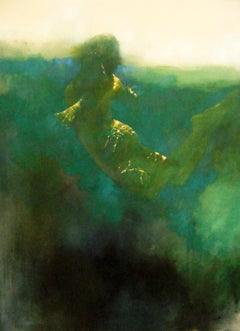 Resonance - peinture à l'huile contemporaine de figure de femme bleue sous-marine