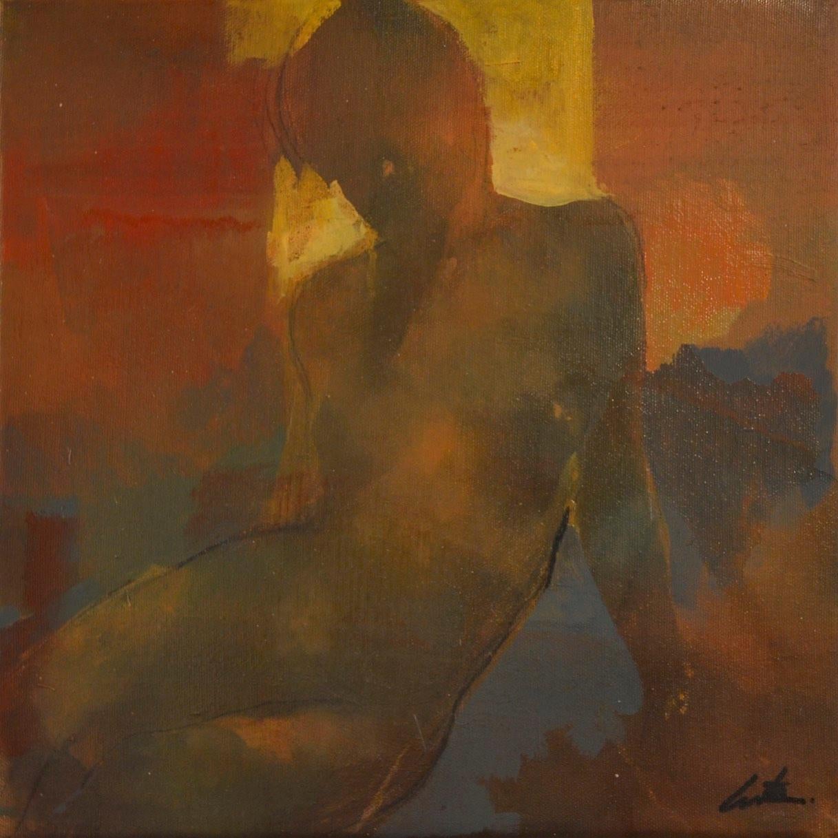 Shadow I by Bill Bate 
original and hand signed by the artist 
sold unframed
Image size: H:30cm x W:30cm 
Complete size of unframed work: H:30cm x W:30cm x D:2.5cm

Shadow I- surreal figurative painting by Bill Bate.
Original oil on canvas and is