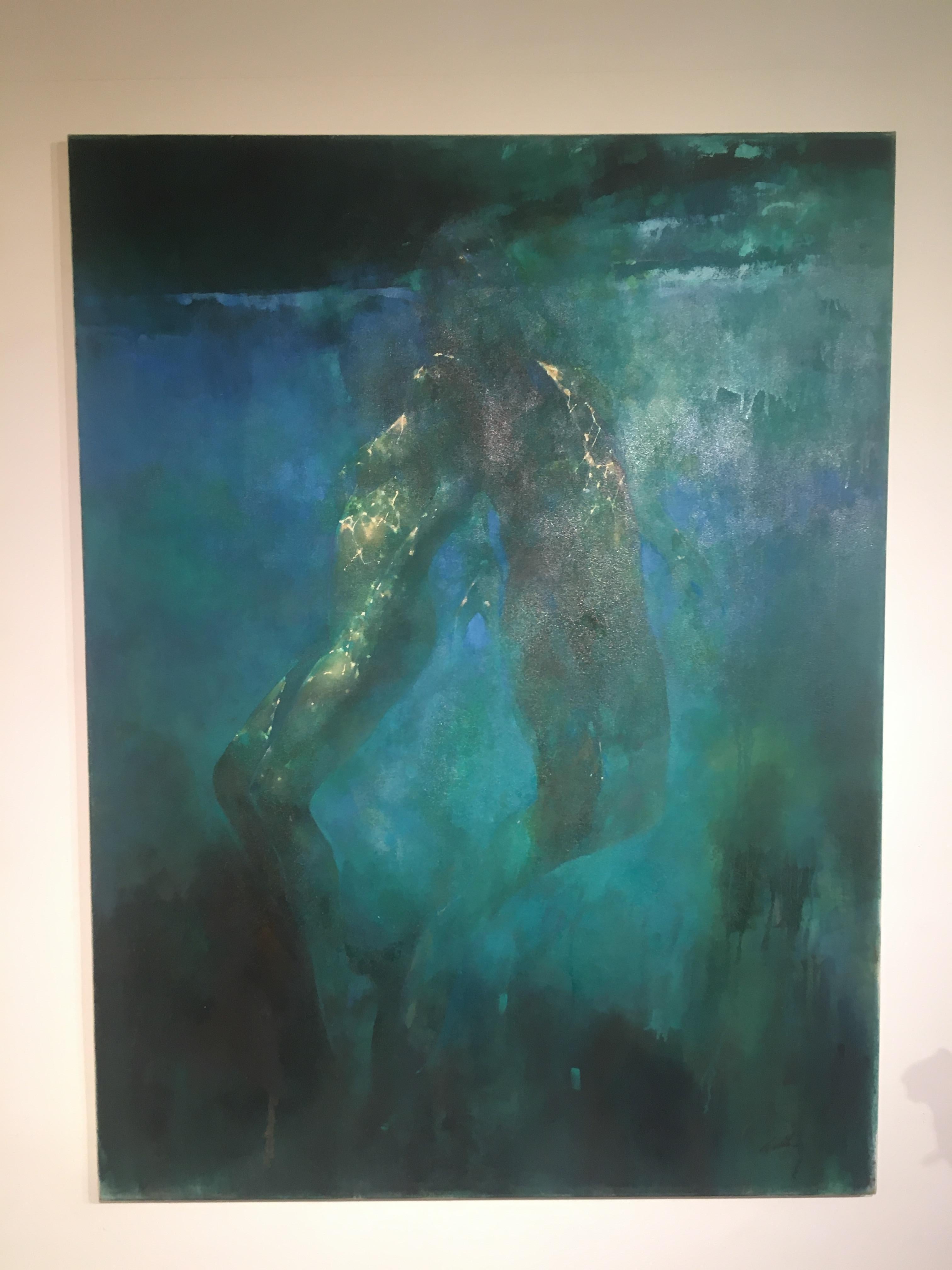 Silent Blue - blue and green underwater figurative painting oil on canvas - Painting by Bill Bate