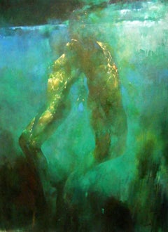 Peinture figurative bleue:: bleue et verte sous-marine:: huile sur toile