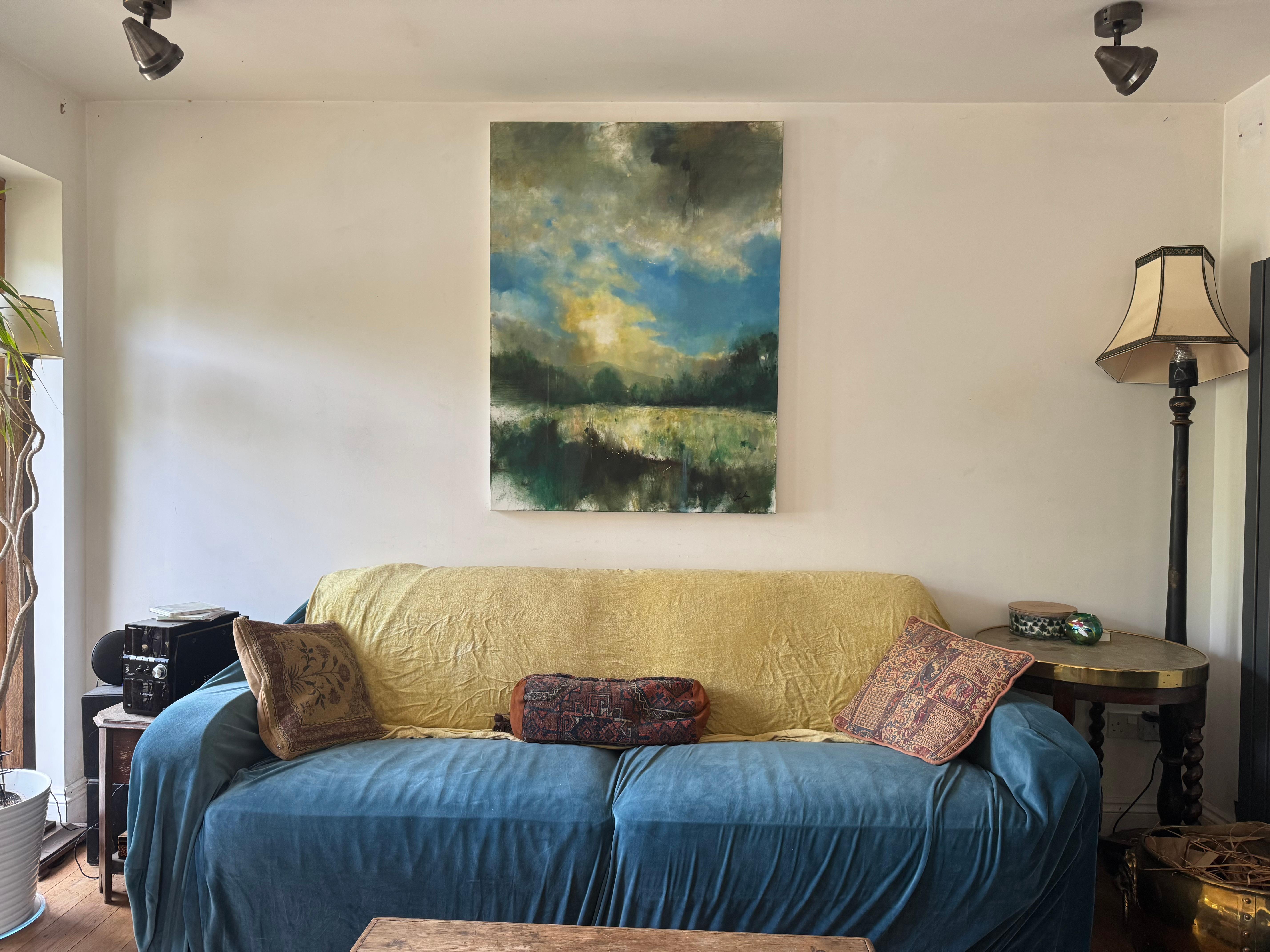 A study of the Sun setting partially obscured by the clouds in late summer. The river Teifi runs under the tree line. I want to convey the energy of the sun and the elements, the clouds and the wind.

Additional information:
Oil Paint on Canvas
122